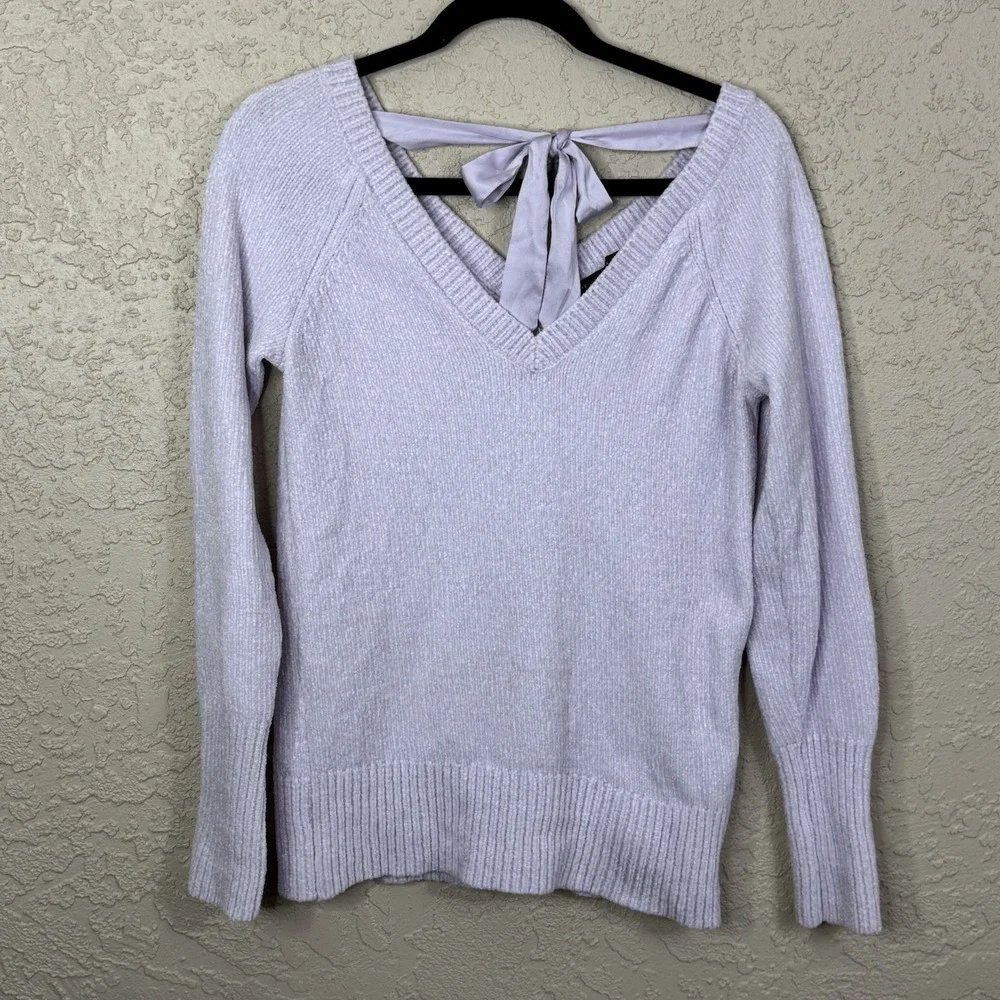 Women's Lilac Chenille Ribbon Back Sweater Petite Small Soft Cozy Pastel Spring